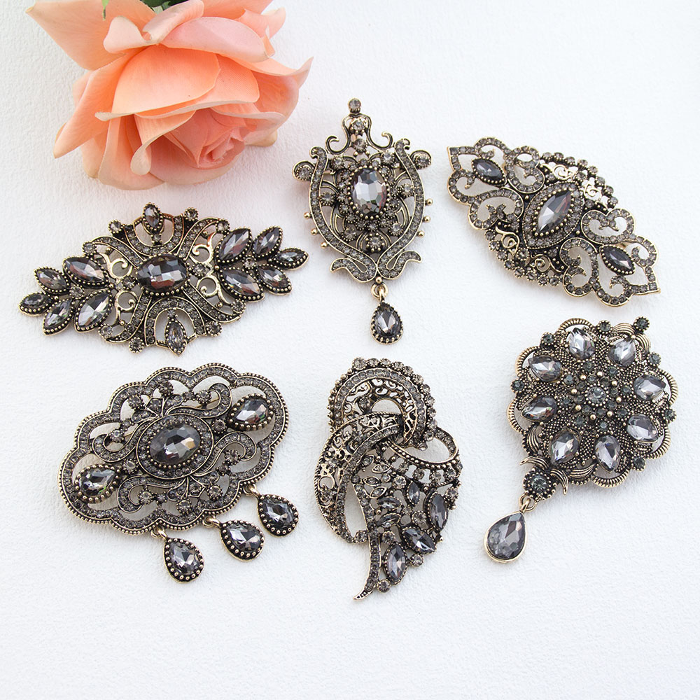 Vintage Fashion Hijab - Vintage grijze kristallen Turkse broche voor