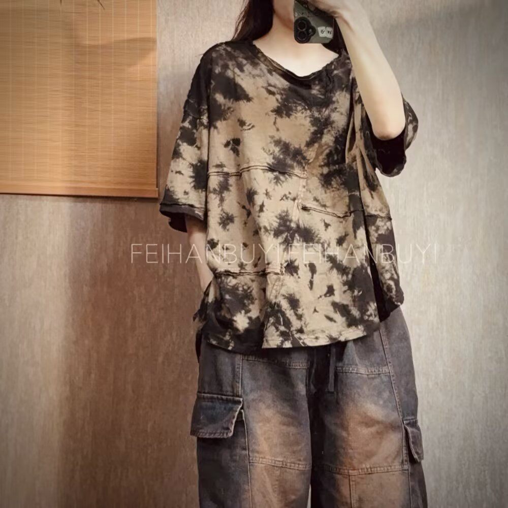 Tie Dye Shirt Vintage - 2026 Zomer Nieuwe Kunst Stijl Vrouwen