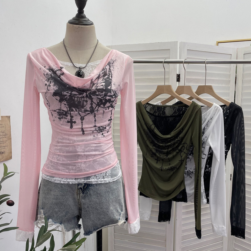 Tie Dye Shirt Vintage - Vrouwen Casual Kant Splitsen Mesh Lange