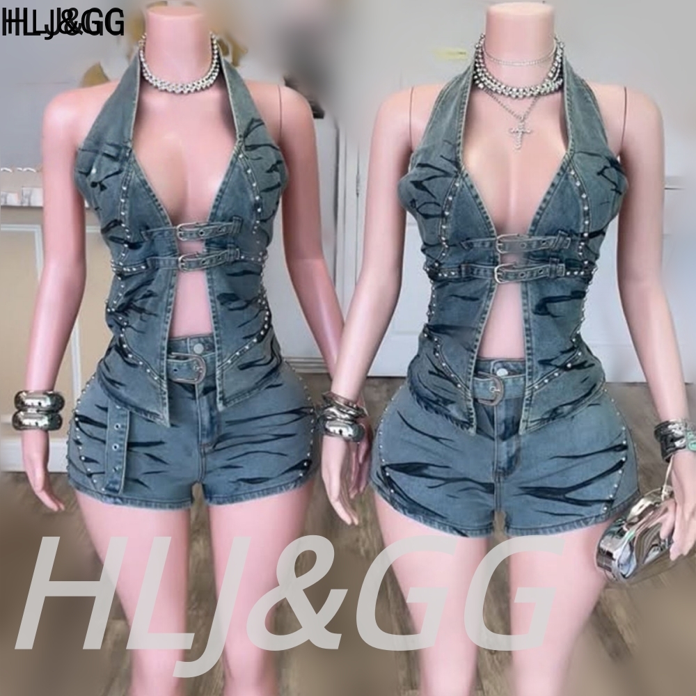 Vintage Fashion Club - HLJ&GG Blauwe Vintage Denim Hollow Out